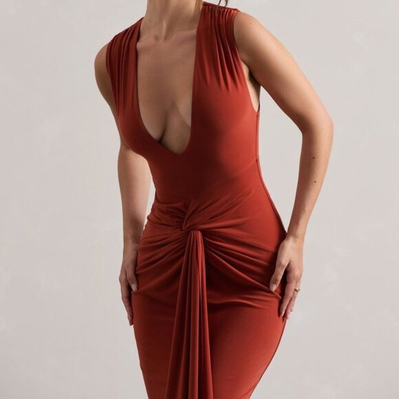 Terracotta Plunge-Neck Split Maxi Dress With Knot Detail - Picture 2 of 7